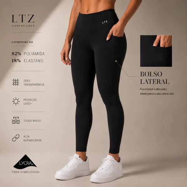 Legging Fitness Poliamida Premium Cintura Alta ​e Bolso Lateral