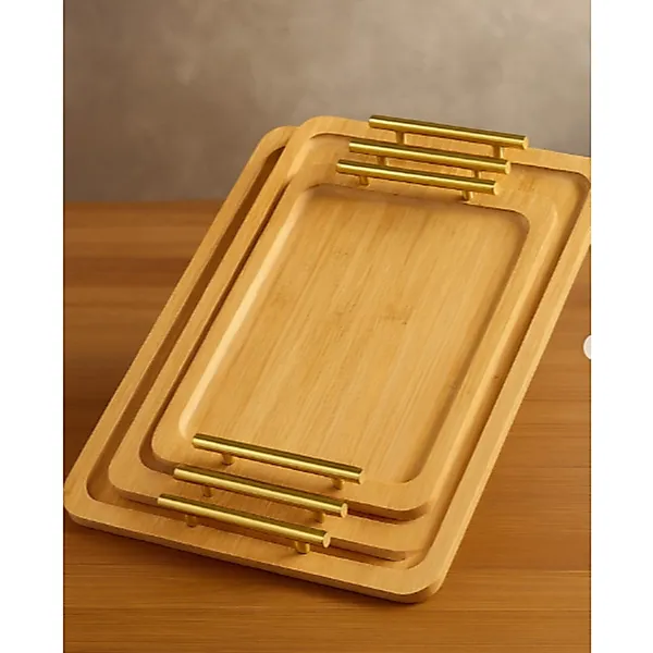 Bandeja de Bambu e Madeira com Alças Douradas -Um Design Sofisticado Adequado para Todas as Ocasiões