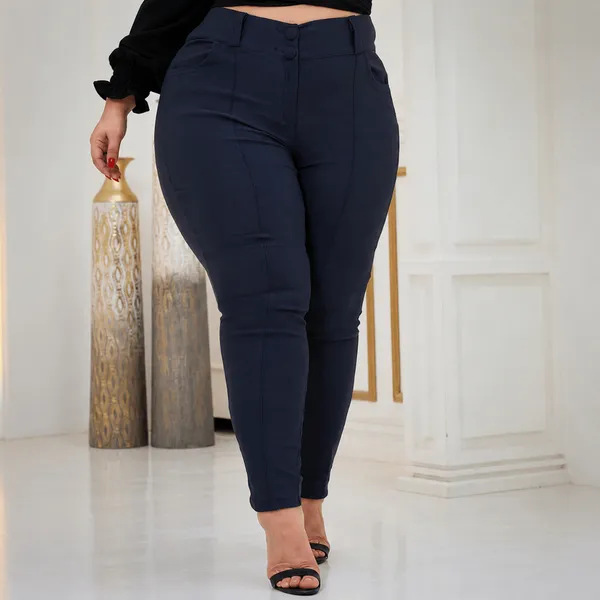 Calça Social Feminina Plus Size Tecido Bengaline Botões Zíper Elegante Alfaiataria Cintura Alta