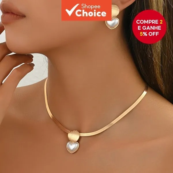 Conjunto De Joias De Brinco De Colar Geométrico De Coração Elegante Para Mulheres
