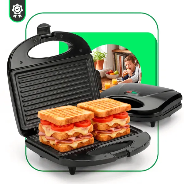 SANDUICHEIRA GRILL ELÉTRICA 750W ANTIADERENTE 2 SANDUÍCHES RÁPIDO 110V OU 220V PRETO TERMOSTATO AUTOMATICO