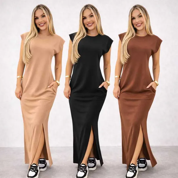 Vestido Feminino longo casual basico RIBANA canelada manga muscle moda gringa com fenda lateral com bolsos