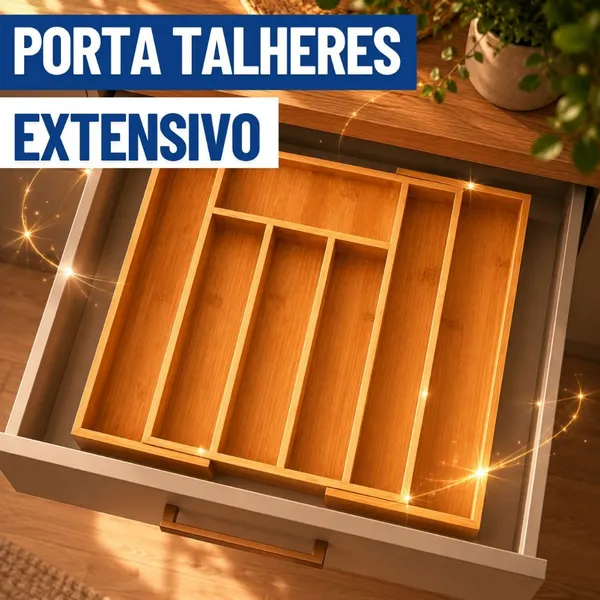 PORTA TALHERES EXTENSIVO BAMBU 7 DIVISÓRIAS EXTENSÍVEL AJUSTÁVEL ORGANIZADOR MADEIRA