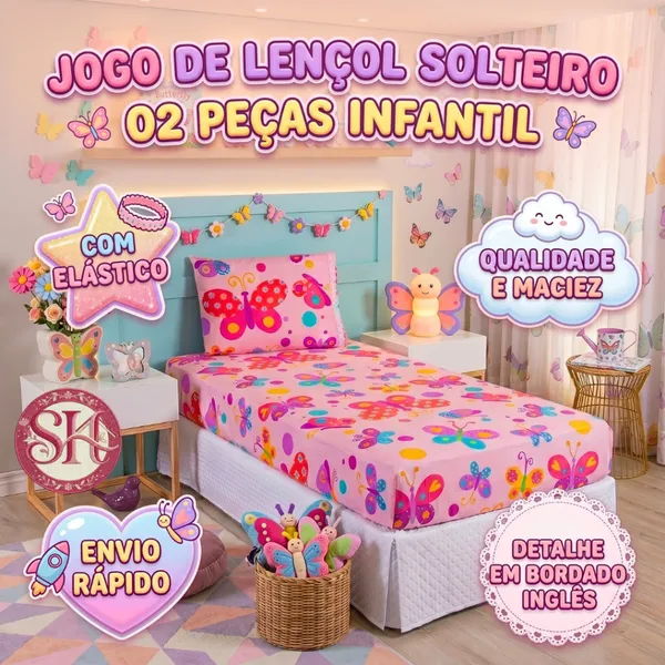 Jogo de Lençol Infantil 2 Peças Solteiro Estampado Menino Menina Crianças