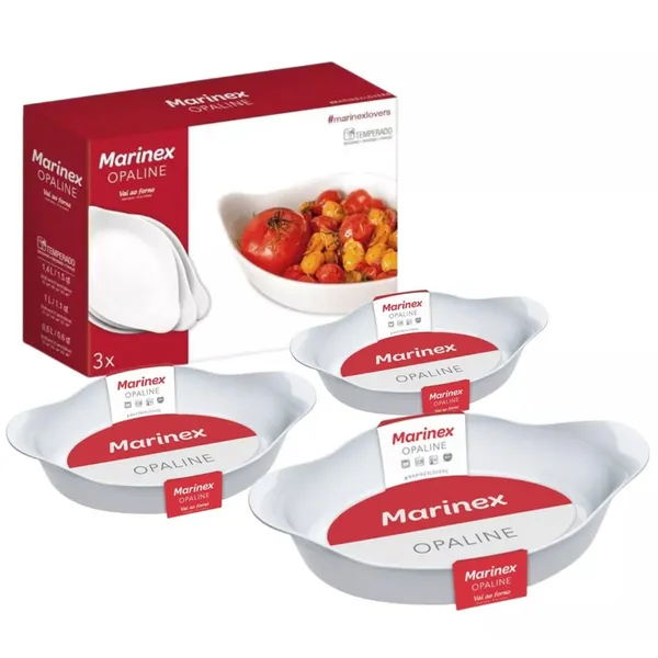 KIT 3 ASSADEIRA OVAL OPALINE PMG MARINEX - NADIR TRAVESSA FORMA VIDRO BRANCO BRILHANTE RESISTENTE
