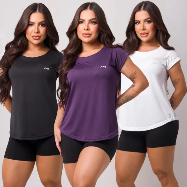 KIT 3 Camiseta Academia Feminina Dry Fit Treino Blusa Furadinha Caminhada Treino Musculação