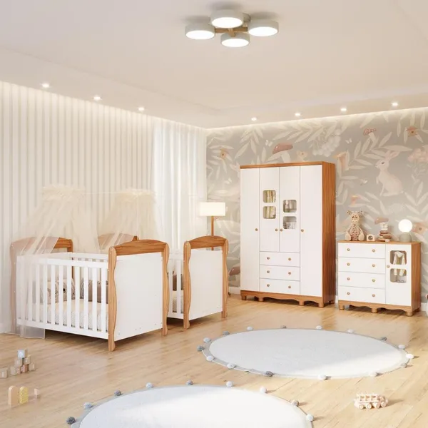 Quarto Bebê Gêmeos 2 Berços Americano Marquesa Guarda Roupas Cômoda Uli 100%MDF