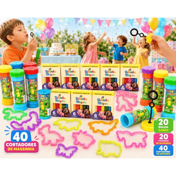 20 Cx Massinha de Modelar + 20 Bolha de Sabao + 40 Cortador Kit Festa Aniversario Prenda Lembracinha
