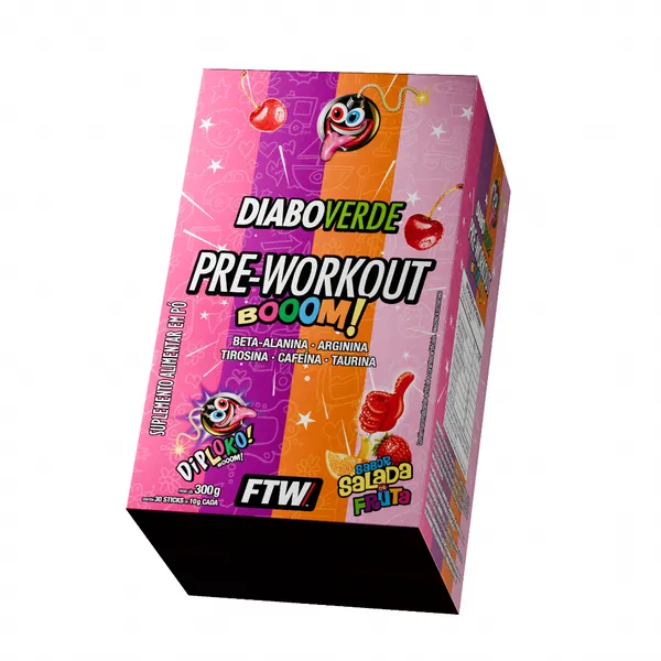 Pré Treino Diabo Verde Diploko Booom Ftw 300g 30 Sticks Sabor Salada De Frutas Cafeína Energia Foco