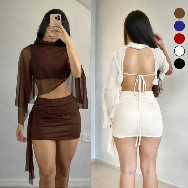 Conjunto Feminino Top E Saia Com Tule Suplex Fluit Premium Moda Gringa Luxo Balada