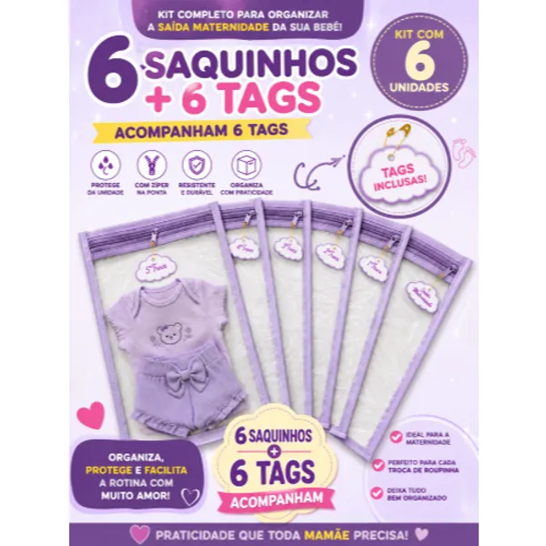Kit 6 Saquinhos Maternidade com Zíper e Tag