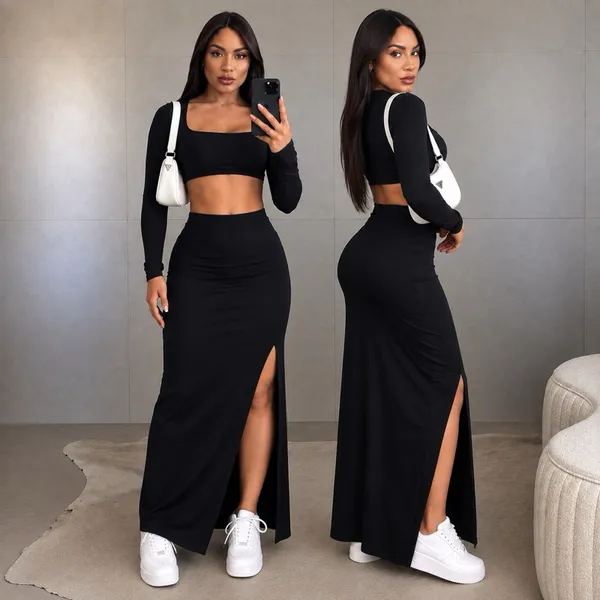 Conjunto Saia Fenda e Blusa Cropped Feminina Manga Longa Inverno Decote Quadrado - Suplex Confortável, Tamanho Único