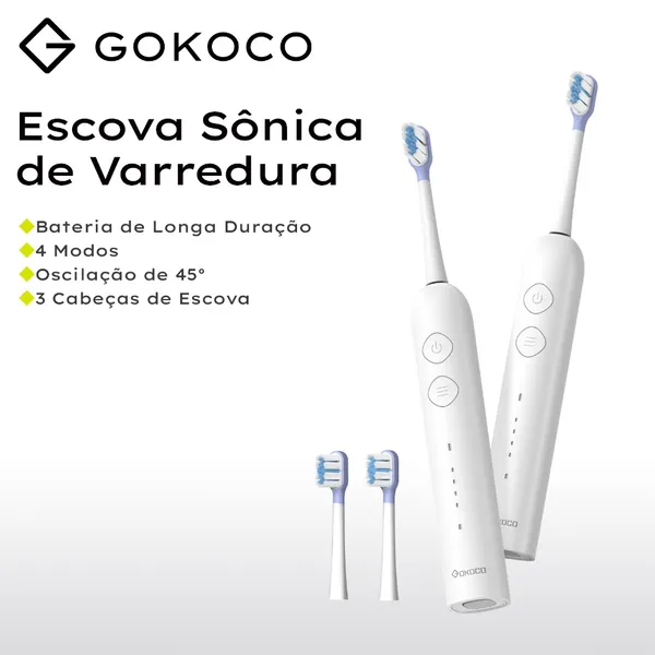 GOKOCO Escova de dentes elétrica sônica Movimento de varredura 45°evibrações alta frequência Quatro modos e três níveis