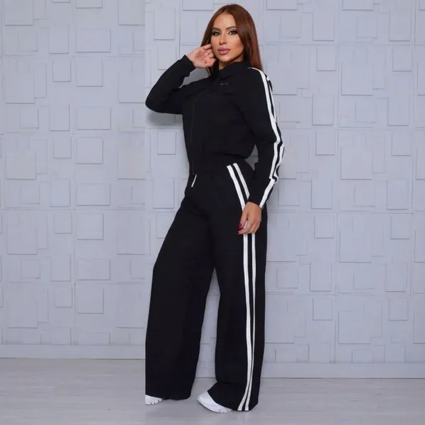 Conjunto Feminino Listras Casual Jaqueta Com Zíper Elástico na Cintura Bolsos Laterais Sensorial