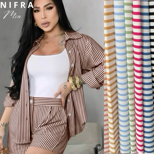 Conjunto kimono e shorts listrado femenino 2 pecas