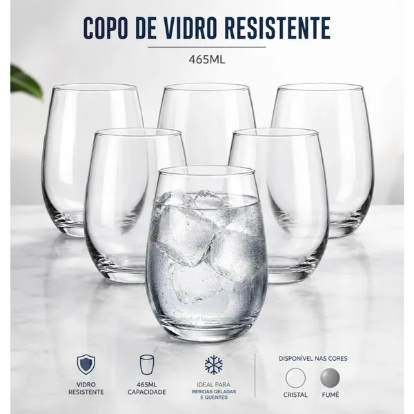 Conjunto de Copos de Vidro 480ml 6 ou 12 Peças Design Moderno Sofisticado Aruba