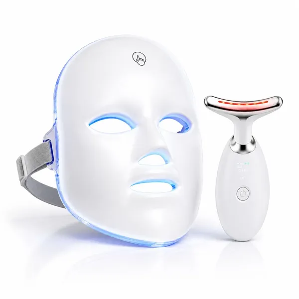 Kit Máscara LED 7 Cores Fototerapia 90 LEDs + Massageador Facial LED Vibratório para Rosto e Pescoço, Sem Fio USB