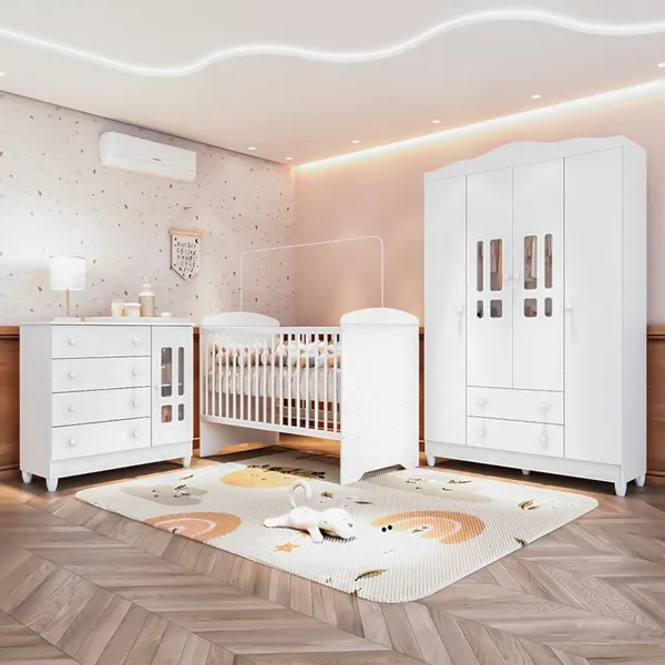 Quarto Bebê Completo Berço 3EM1 Eloá com Guarda-Roupa e Cômoda