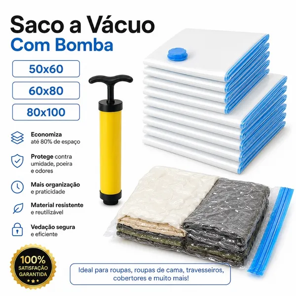 Kit Saco a Vácuo Com Bomba Viagem Mala Organizador Para Roupa Guarda Roupa Edredom  Reutilizável