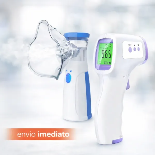 Kit Saúde Familiar Inalador Nebulizador Portátil Mesh e Termômetro Infravermelho Digital