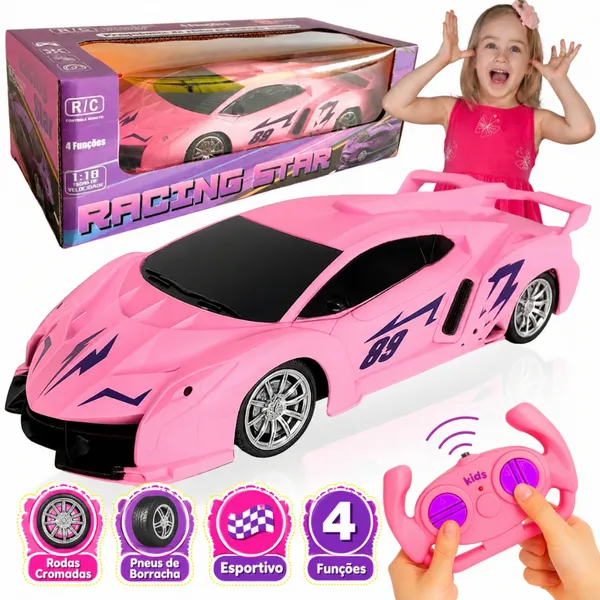 Carrinho de Controle Remoto Rosa com Luz Brinquedo de Menina Infantil 1:18