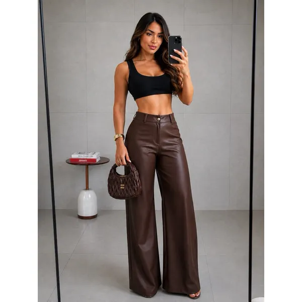 Calça de Couro Pantalona Wide Leg Feminina Cintura Alta com Bolsos Traseiros