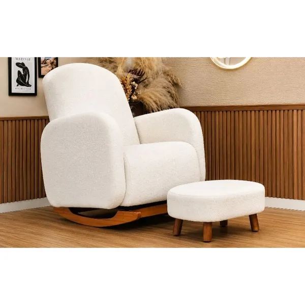 Poltrona de Amamentação Decorativa Curva Balanço Orgânica Boucle Bege ou Cinza com Puff para Sala Moderna Confortável!