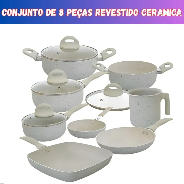 Jogo de Panelas 8 Peças Antiaderente Premium Revestimento Cerâmico Não Gruda Cozinha Completa