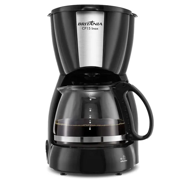 CAFETEIRA BRITÂNIA CP15 VIDRO PRETO COM INOX