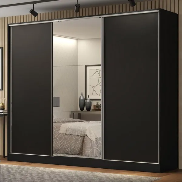 GUARDA ROUPA CASAL 100% MDF 3 PORTAS DE CORRER COM ESPELHO PRETO MADESA ROYALE