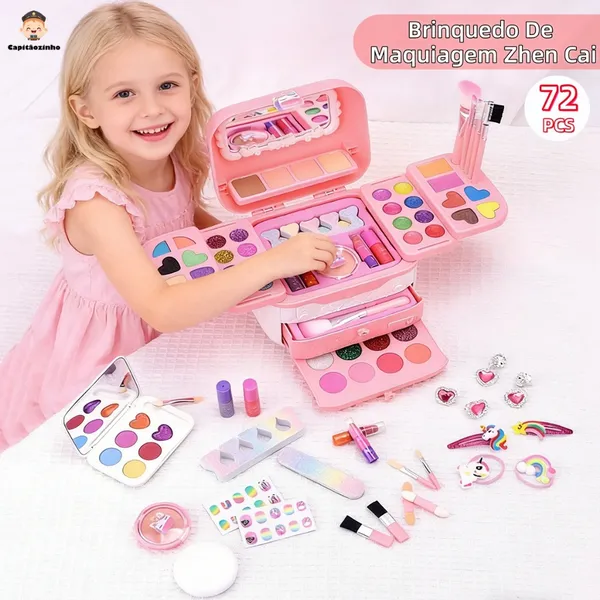 Kit Maquiagem Infantil 72 Peças Lavável Seguro Maletinha Brinquedo Para Meninas