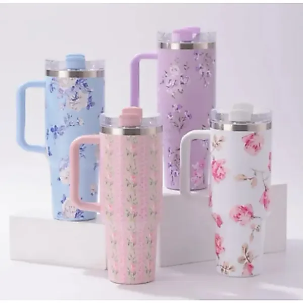 Garrafa ​1200ml Térmica Estampa Floral Capinha Silicone Na Base + Tampa Para Canudo