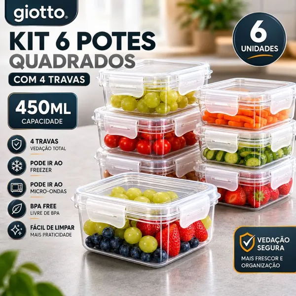 Kit 6 Potes Quadrado 4 Travas 450ML Transparente armazenamento alimentos Freezer Microondas giotto