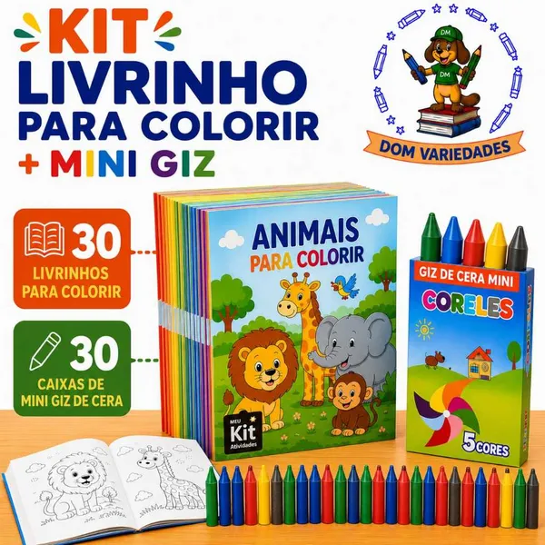 Kit Mini Giz + Mini Livro para Colorir | 5,10,15,20 ou 30 kits | Lembrancinha Infantil Escolar Festa Livrinho