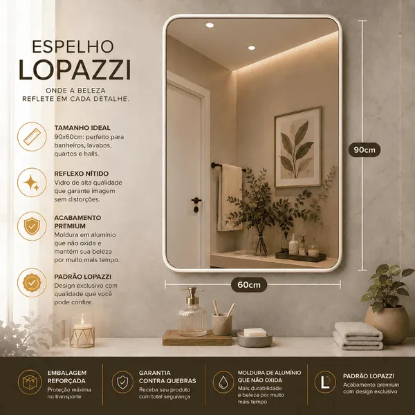ESPELHO LOPAZZI RETANGULAR COM MOLDURA 90X60CM QUARTO SALA BANHEIRO COZINHA MOLDURA ALUMÍNIO
