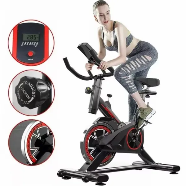 Esta é uma bicicleta ergométrica doméstica silenciosa, equipada com um volante de 15 kg e capacidade de carga de 150 kg.