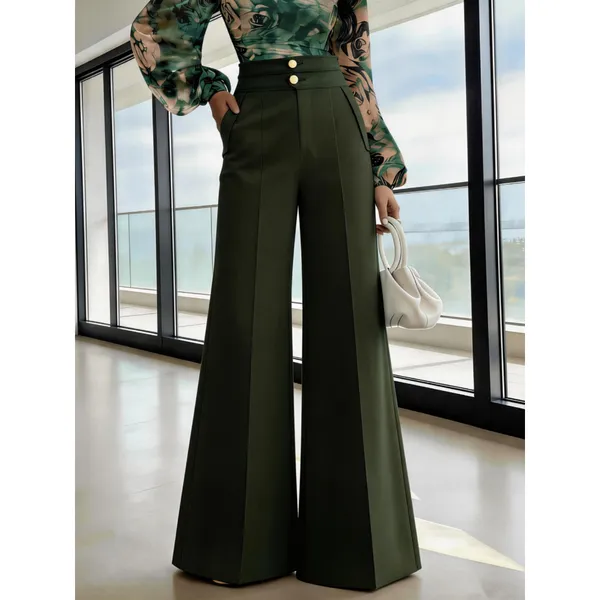 Calça de Terno Elegante Cintura Alta com Perna Flare e Abotoamento Duplo – Estilo Urbano Chique
