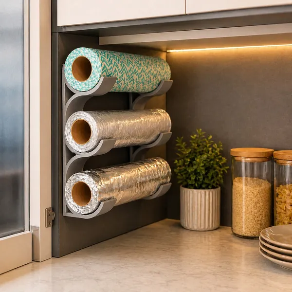 Suporte Organizador para Rolos de Cozinha Papel Alumínio Filme PVC Papel Manteiga Sem Furo Fita 3M Porta Rolos