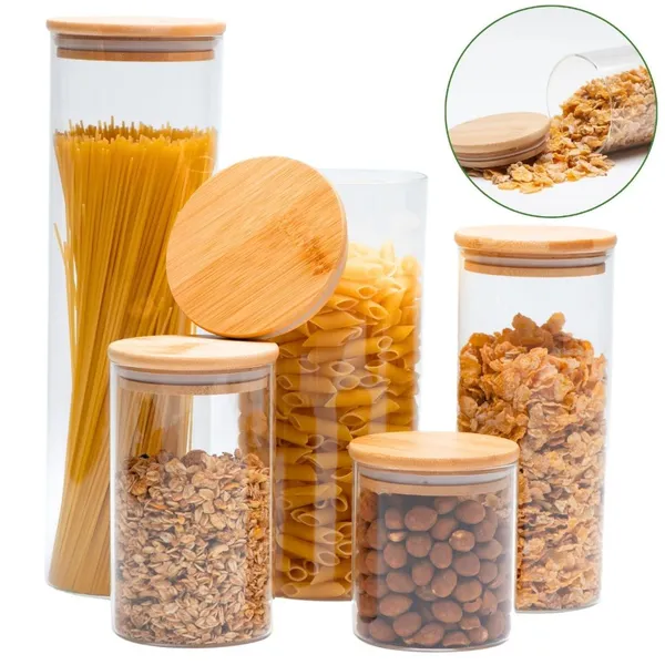 05 Potes de Vidro Hermético Transparente Tampa Bambu Porta Alimentos