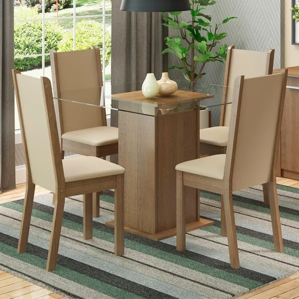 Conjunto Sala de Jantar Madesa Aline Mesa Tampo de Vidro 4 Cadeiras