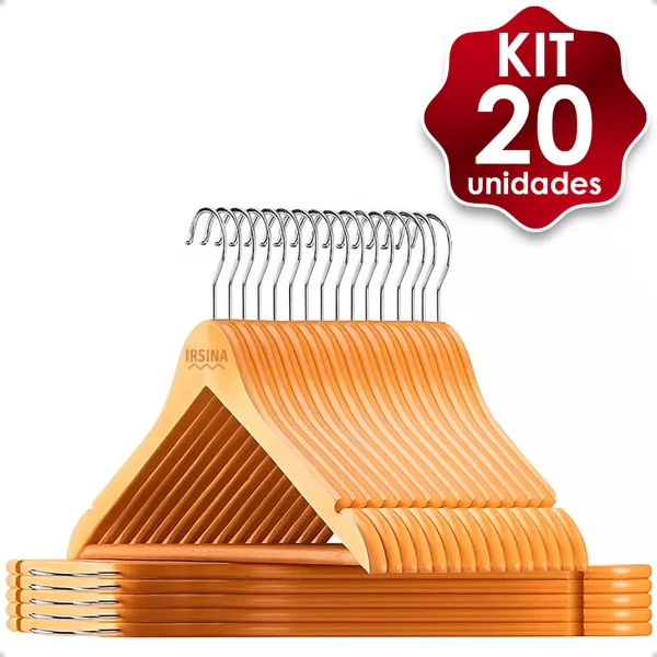 KIT Cabides de Madeira Antiderrapante Natural Roupas Gancho de Metal Marfim Camisa Calça Vestido
