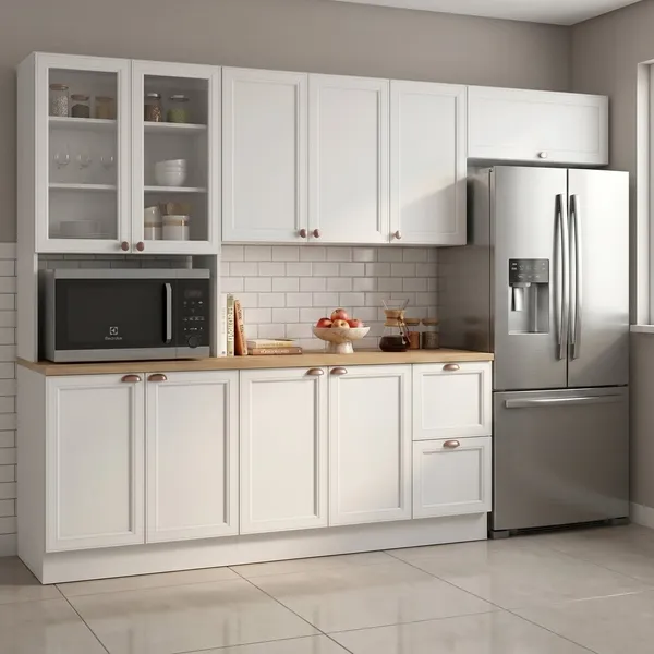COZINHA COMPLETA MODULADA AMERICANA 4 PEÇAS COM PANELEIRO TORRE QUENTE E BALCÃO COM TAMPO UNNA YESCA BRANCO