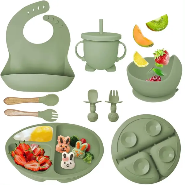 Talheres bebê silicone 6/8 Peças kit Talheres Infantil Com Ventosa Canudo Colher Babador Garfo