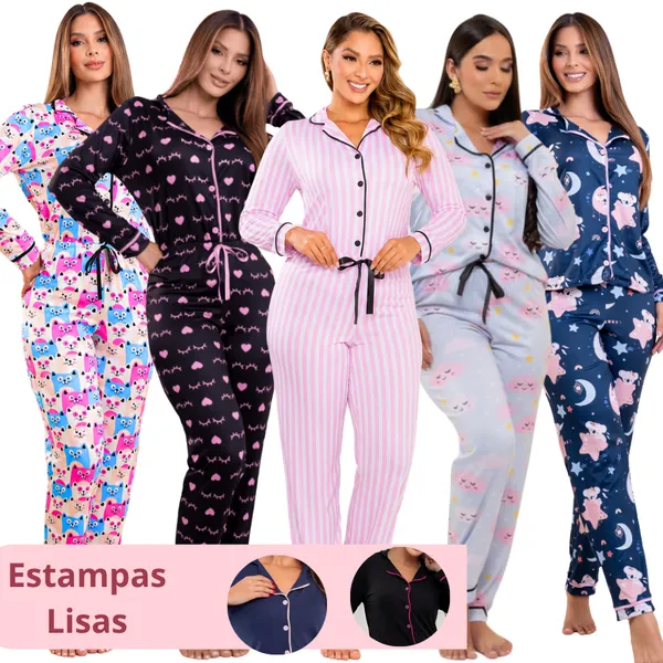 Pijama Feminino Americano  Longo Pós Cirúrgico Amamentação Inverno Stitch Estapas listra Rosa