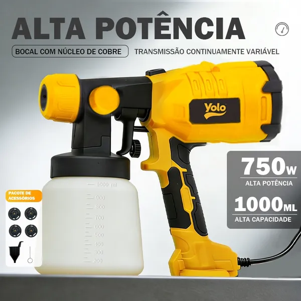 Pistola Pintura Pulverizador de Tinta de Grande Tamanho com Capacidade de 1000ml, 750W YOLO