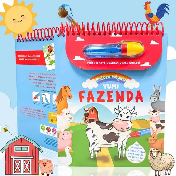 Livro Infantil Pinte Com Água Animais da Fazenda Acompanha Pincel Para Crianças - Capa Dura Espiral