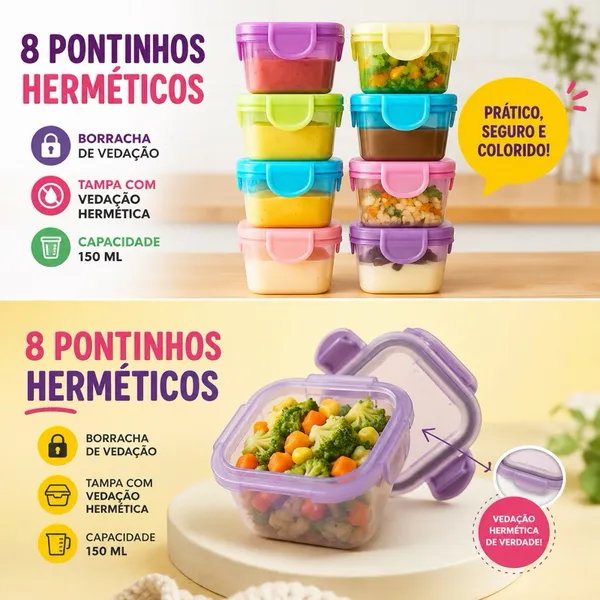 Kit 8 Potinhos Herméticos de 150 ML pra PAPINHAS e SOBREMESAS FIT e LIVRE BPA porta LEITE em PÓ