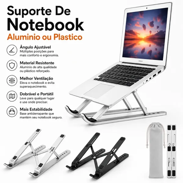 Suporte Para Notebook Base Dobrável de Alumínio Ou Plastico Ergonômico Ajustável Portátil Com Estojo