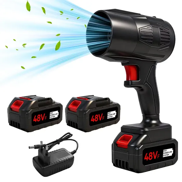 Soprador de Ar Elétrico Portátil 48V Sem Fio com 1/2 Bateria Recarregável Limpeza de Pó Jardim Carro
