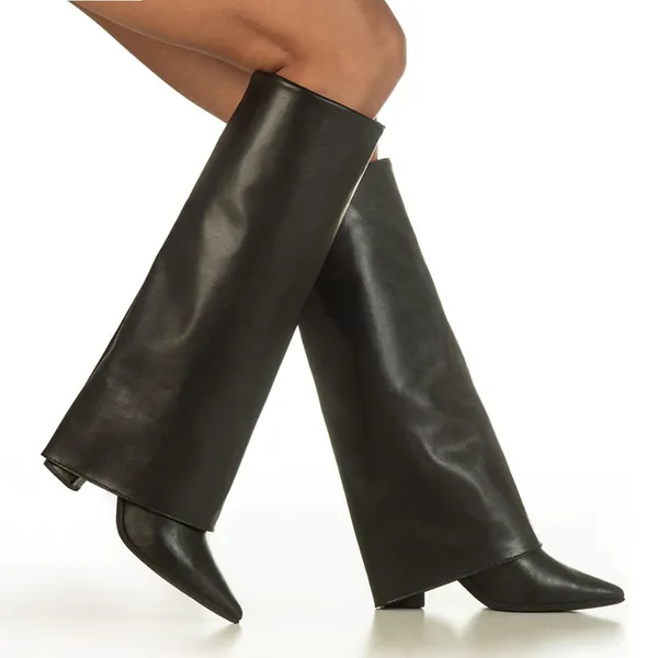 Bota Capa Feminina Cano Longo Salto Alto Bloco Bico Fino  Elegante Moda Capry GiGiL
